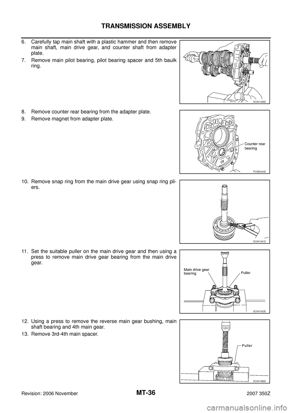 NISSAN 350Z 2007 Z33 Manual Transmission Workshop Manual MT-36
TRANSMISSION ASSEMBLY
Revision: 2006 November2007 350Z
6. Carefully tap main shaft with a plastic hammer and then remove
main shaft, main drive gear, and counter shaft from adapter
plate.
7. Rem
