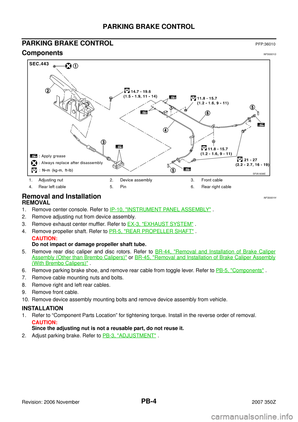 NISSAN 350Z 2007 Z33 Parking Brake System Workshop Manual PB-4
PARKING BRAKE CONTROL
Revision: 2006 November2007 350Z
PARKING BRAKE CONTROLPFP:36010
ComponentsNFS0001G
Removal and InstallationNFS0001H
REMOVAL
1. Remove center console. Refer to IP-10, "INSTRU