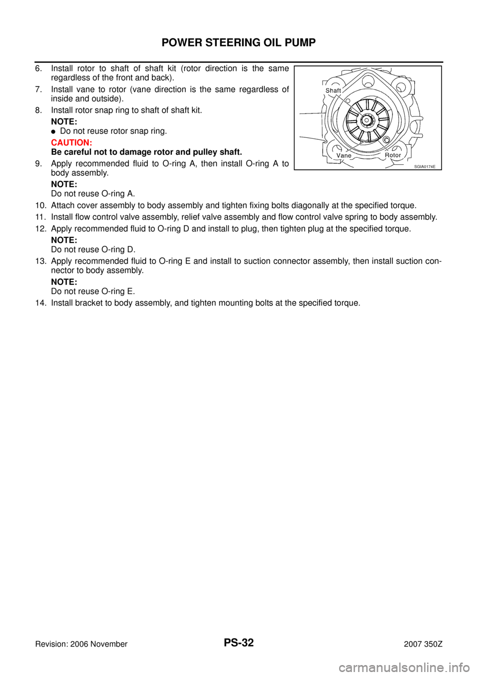 NISSAN 350Z 2007 Z33 Power Steering System Workshop Manual PS-32
POWER STEERING OIL PUMP
Revision: 2006 November2007 350Z
6. Install rotor to shaft of shaft kit (rotor direction is the same
regardless of the front and back).
7. Install vane to rotor (vane dir NISSAN 350Z 2007 Z33 Power Steering System Workshop Manual PS-32
POWER STEERING OIL PUMP
Revision: 2006 November2007 350Z
6. Install rotor to shaft of shaft kit (rotor direction is the same
regardless of the front and back).
7. Install vane to rotor (vane dir