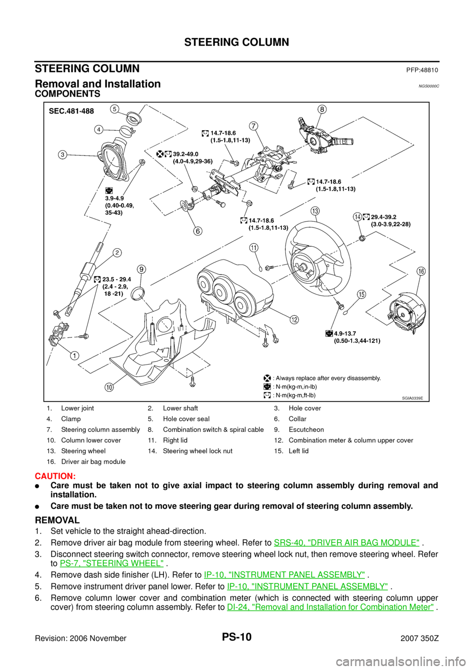 NISSAN 350Z 2007 Z33 Power Steering System Workshop Manual PS-10
STEERING COLUMN
Revision: 2006 November2007 350Z
STEERING COLUMNPFP:48810
Removal and InstallationNGS0000C
COMPONENTS
CAUTION:
Care must be taken not to give axial impact to steering column ass NISSAN 350Z 2007 Z33 Power Steering System Workshop Manual PS-10
STEERING COLUMN
Revision: 2006 November2007 350Z
STEERING COLUMNPFP:48810
Removal and InstallationNGS0000C
COMPONENTS
CAUTION:
Care must be taken not to give axial impact to steering column ass