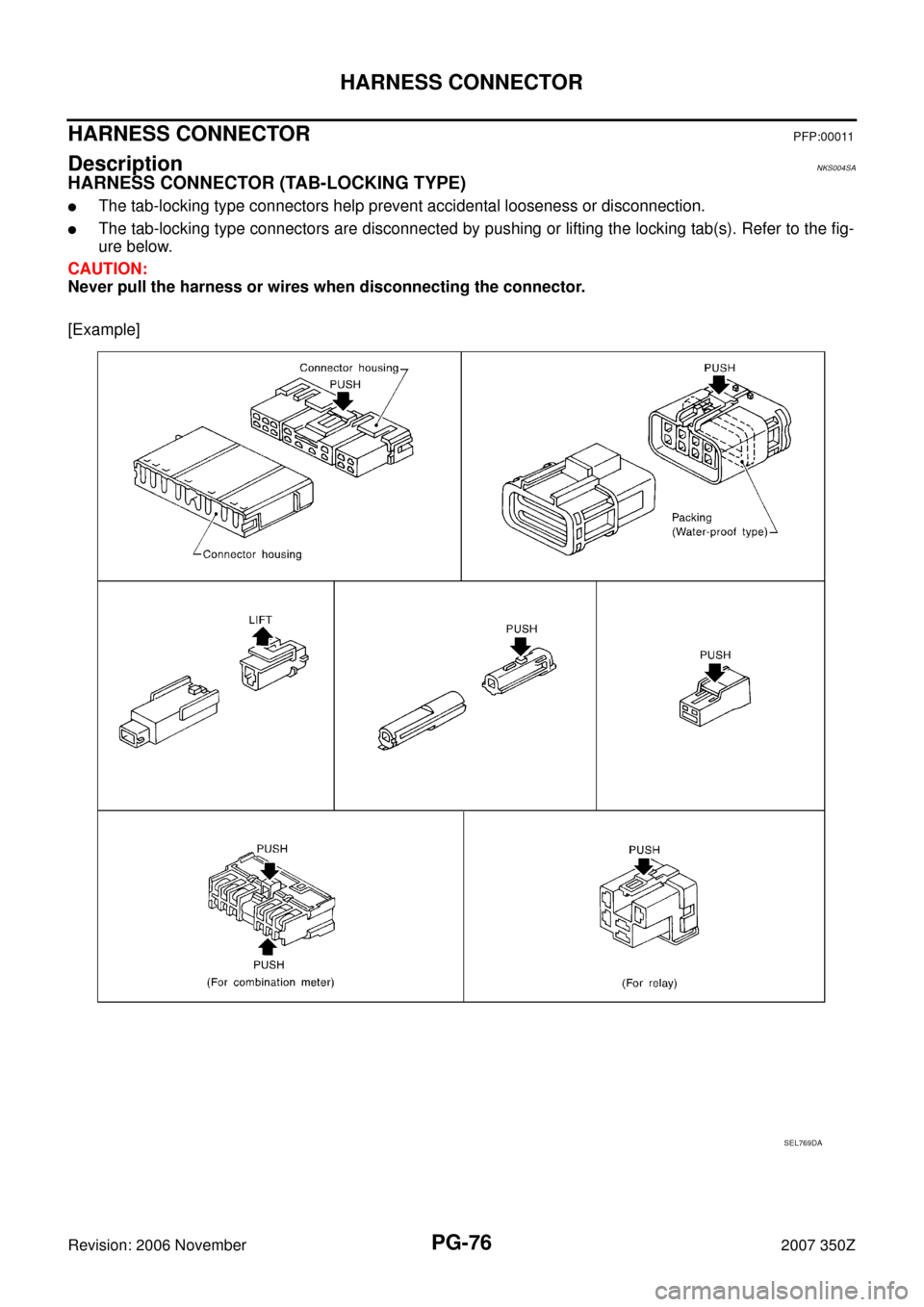 NISSAN 350Z 2007 Z33 Power Supply, Ground And Circuit Workshop Manual PG-76
HARNESS CONNECTOR
Revision: 2006 November2007 350Z
HARNESS CONNECTOR PFP:00011
Description NKS004SA
HARNESS CONNECTOR (TAB-LOCKING TYPE)
The tab-locking type connectors help prevent accidental 