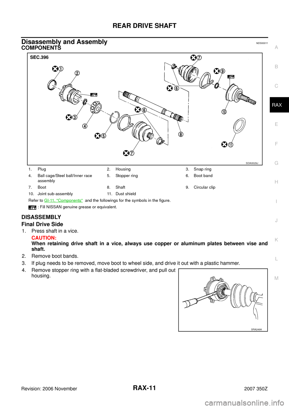 NISSAN 350Z 2007 Z33 Rear Axle Workshop Manual REAR DRIVE SHAFT
RAX-11
C
E
F
G
H
I
J
K
L
MA
B
RAX
Revision: 2006 November2007 350Z
Disassembly and AssemblyNDS00011
COMPONENTS
DISASSEMBLY
Final Drive Side
1. Press shaft in a vice.
CAUTION:
When ret