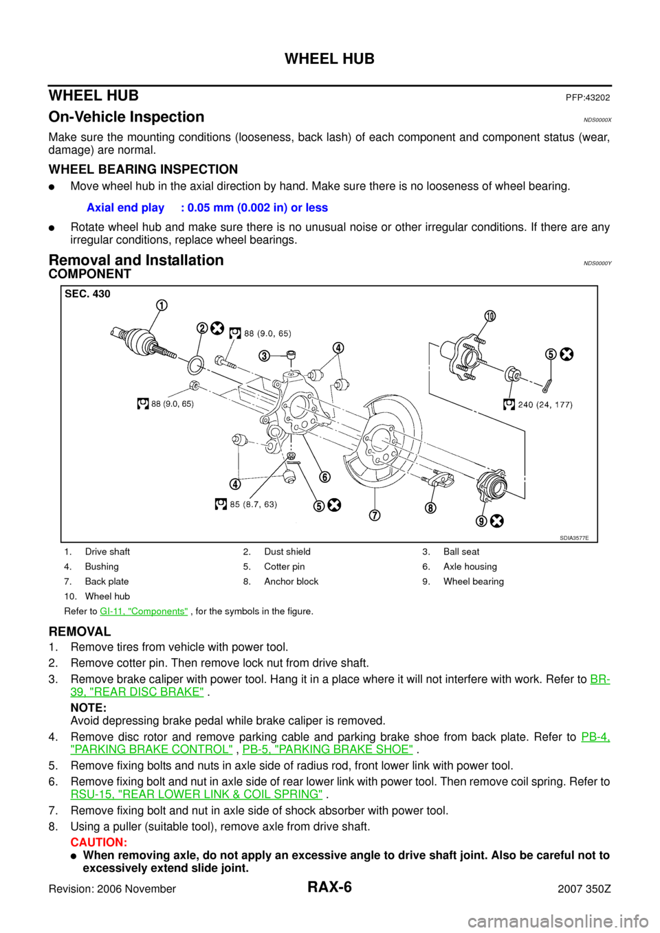 NISSAN 350Z 2007 Z33 Rear Axle Workshop Manual RAX-6
WHEEL HUB
Revision: 2006 November2007 350Z
WHEEL HUBPFP:43202
On-Vehicle InspectionNDS0000X
Make sure the mounting conditions (looseness, back lash) of each component and component status (wear, NISSAN 350Z 2007 Z33 Rear Axle Workshop Manual RAX-6
WHEEL HUB
Revision: 2006 November2007 350Z
WHEEL HUBPFP:43202
On-Vehicle InspectionNDS0000X
Make sure the mounting conditions (looseness, back lash) of each component and component status (wear,