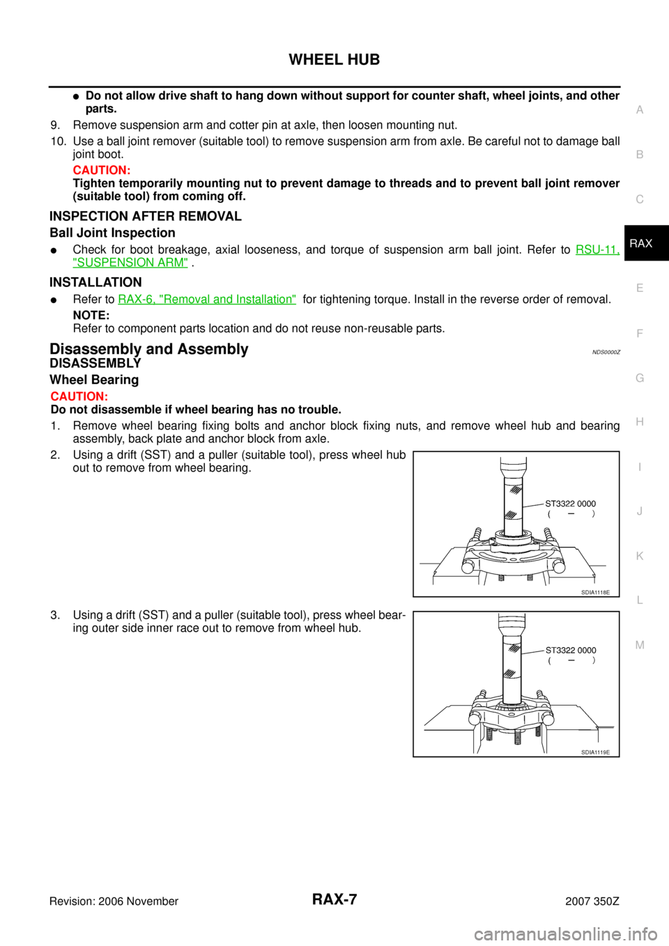 NISSAN 350Z 2007 Z33 Rear Axle Workshop Manual WHEEL HUB
RAX-7
C
E
F
G
H
I
J
K
L
MA
B
RAX
Revision: 2006 November2007 350Z
Do not allow drive shaft to hang down without support for counter shaft, wheel joints, and other
parts.
9. Remove suspensio