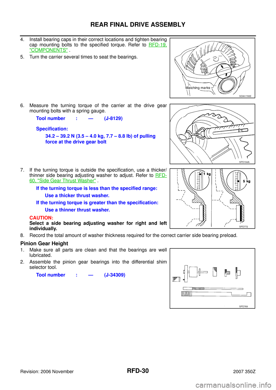 NISSAN 350Z 2007 Z33 Rear Final Drive Workshop Manual RFD-30
REAR FINAL DRIVE ASSEMBLY
Revision: 2006 November2007 350Z
4. Install bearing caps in their correct locations and tighten bearing
cap mounting bolts to the specified torque. Refer to RFD-19,
"C NISSAN 350Z 2007 Z33 Rear Final Drive Workshop Manual RFD-30
REAR FINAL DRIVE ASSEMBLY
Revision: 2006 November2007 350Z
4. Install bearing caps in their correct locations and tighten bearing
cap mounting bolts to the specified torque. Refer to RFD-19,
"C