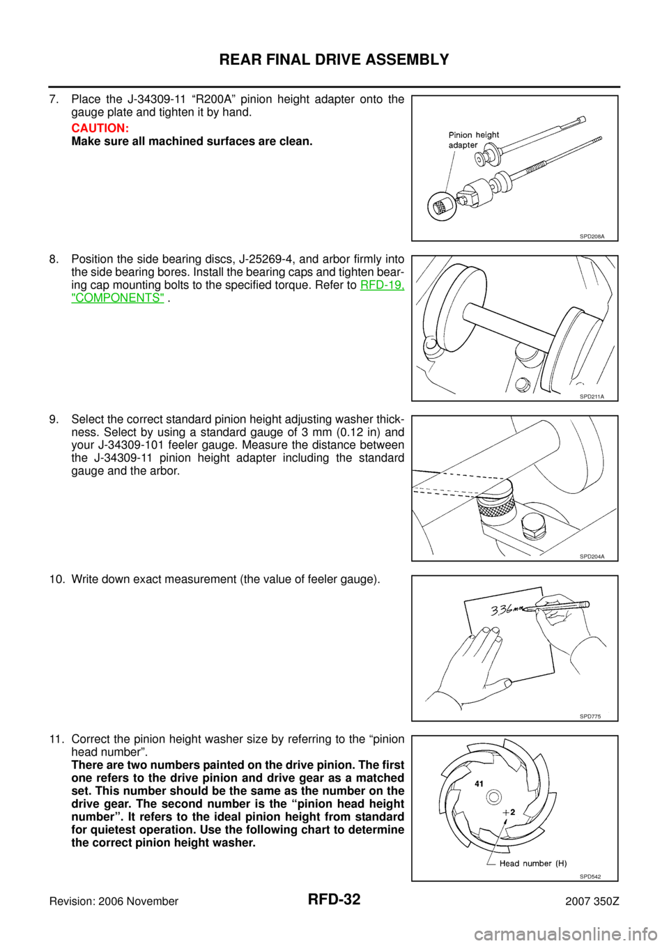 NISSAN 350Z 2007 Z33 Rear Final Drive Workshop Manual RFD-32
REAR FINAL DRIVE ASSEMBLY
Revision: 2006 November2007 350Z
7. Place the J-34309-11 “R200A” pinion height adapter onto the
gauge plate and tighten it by hand.
CAUTION:
Make sure all machined NISSAN 350Z 2007 Z33 Rear Final Drive Workshop Manual RFD-32
REAR FINAL DRIVE ASSEMBLY
Revision: 2006 November2007 350Z
7. Place the J-34309-11 “R200A” pinion height adapter onto the
gauge plate and tighten it by hand.
CAUTION:
Make sure all machined