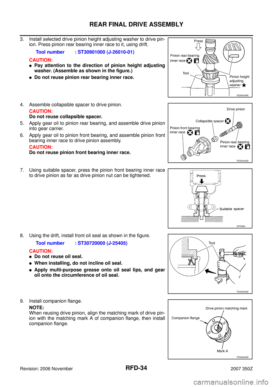 NISSAN 350Z 2007 Z33 Rear Final Drive Workshop Manual RFD-34
REAR FINAL DRIVE ASSEMBLY
Revision: 2006 November2007 350Z
3. Install selected drive pinion height adjusting washer to drive pin-
ion. Press pinion rear bearing inner race to it, using drift.
C NISSAN 350Z 2007 Z33 Rear Final Drive Workshop Manual RFD-34
REAR FINAL DRIVE ASSEMBLY
Revision: 2006 November2007 350Z
3. Install selected drive pinion height adjusting washer to drive pin-
ion. Press pinion rear bearing inner race to it, using drift.
C