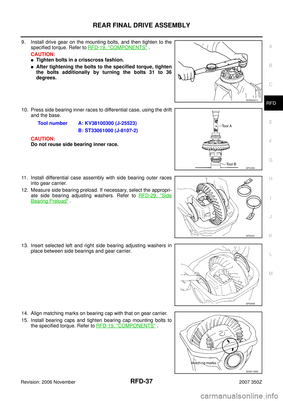 NISSAN 350Z 2007 Z33 Rear Final Drive Workshop Manual REAR FINAL DRIVE ASSEMBLY
RFD-37
C
E
F
G
H
I
J
K
L
MA
B
RFD
Revision: 2006 November2007 350Z
9. Install drive gear on the mounting bolts, and then tighten to the
specified torque. Refer to RFD-19, "
C NISSAN 350Z 2007 Z33 Rear Final Drive Workshop Manual REAR FINAL DRIVE ASSEMBLY
RFD-37
C
E
F
G
H
I
J
K
L
MA
B
RFD
Revision: 2006 November2007 350Z
9. Install drive gear on the mounting bolts, and then tighten to the
specified torque. Refer to RFD-19, "
C