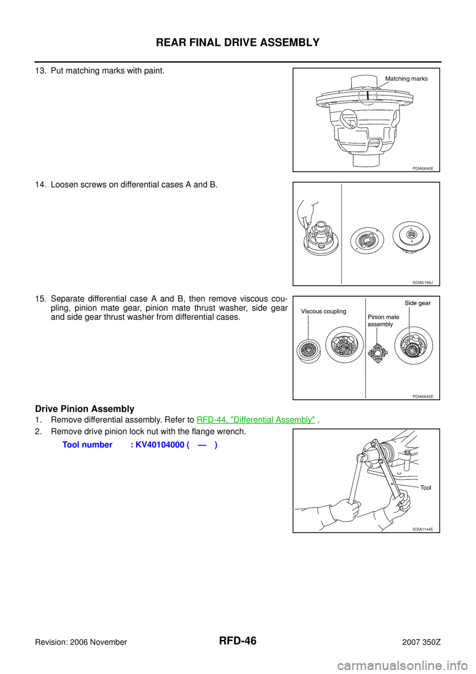 NISSAN 350Z 2007 Z33 Rear Final Drive Workshop Manual RFD-46
REAR FINAL DRIVE ASSEMBLY
Revision: 2006 November2007 350Z
13. Put matching marks with paint.
14. Loosen screws on differential cases A and B.
15. Separate differential case A and B, then remov