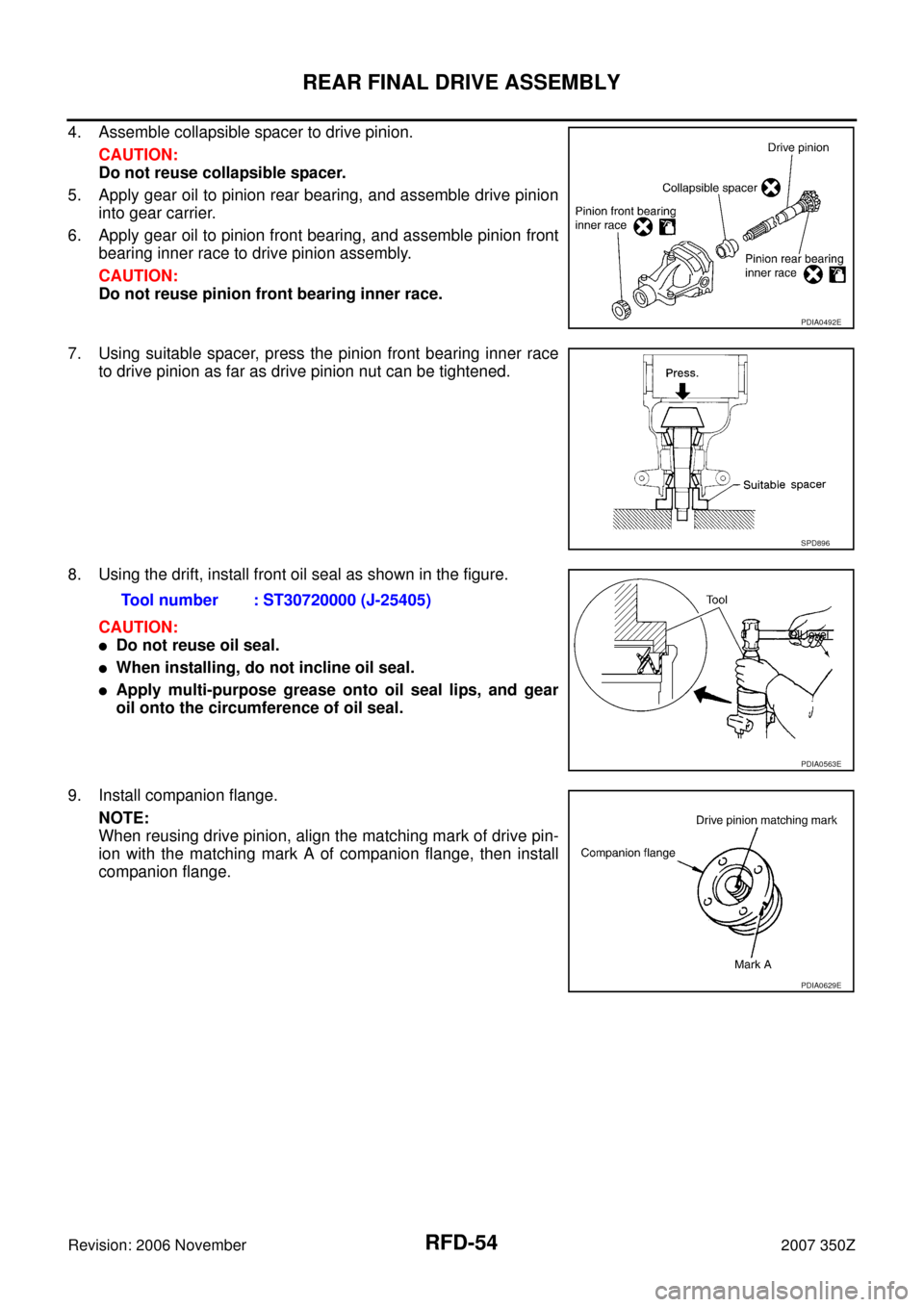 NISSAN 350Z 2007 Z33 Rear Final Drive Workshop Manual RFD-54
REAR FINAL DRIVE ASSEMBLY
Revision: 2006 November2007 350Z
4. Assemble collapsible spacer to drive pinion.
CAUTION:
Do not reuse collapsible spacer.
5. Apply gear oil to pinion rear bearing, an NISSAN 350Z 2007 Z33 Rear Final Drive Workshop Manual RFD-54
REAR FINAL DRIVE ASSEMBLY
Revision: 2006 November2007 350Z
4. Assemble collapsible spacer to drive pinion.
CAUTION:
Do not reuse collapsible spacer.
5. Apply gear oil to pinion rear bearing, an