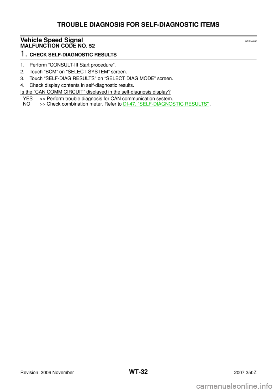 NISSAN 350Z 2007 Z33 Road Wheels And Tires Workshop Manual WT-32
TROUBLE DIAGNOSIS FOR SELF-DIAGNOSTIC ITEMS
Revision: 2006 November2007 350Z
Vehicle Speed SignalNES0001P
MALFUNCTION CODE NO. 52
1. CHECK SELF-DIAGNOSTIC RESULTS 
1. Perform “CONSULT-III Star