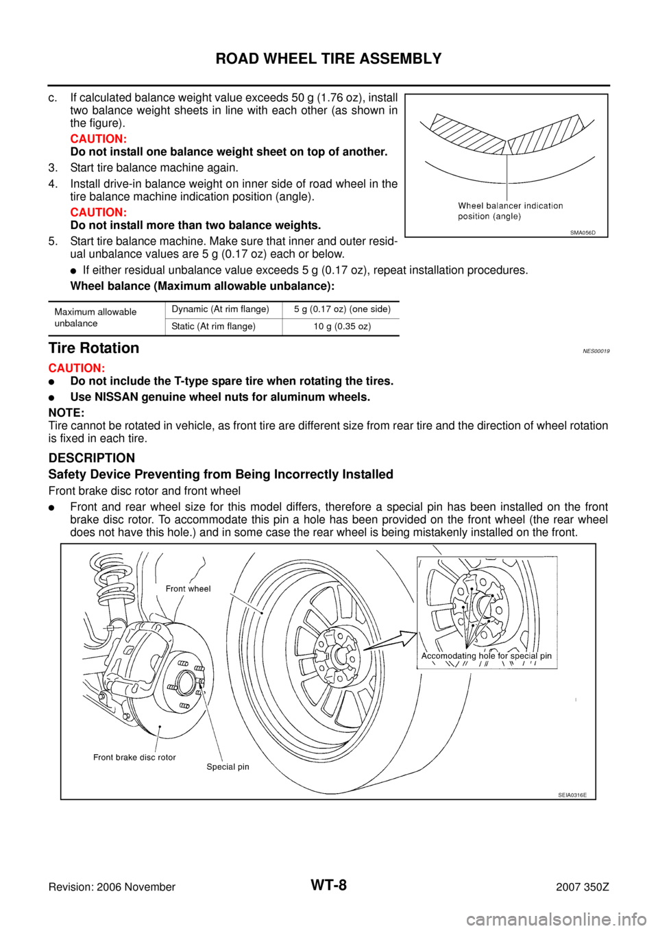 NISSAN 350Z 2007 Z33 Road Wheels And Tires Workshop Manual WT-8
ROAD WHEEL TIRE ASSEMBLY
Revision: 2006 November2007 350Z
c. If calculated balance weight value exceeds 50 g (1.76 oz), install
two balance weight sheets in line with each other (as shown in
the 
