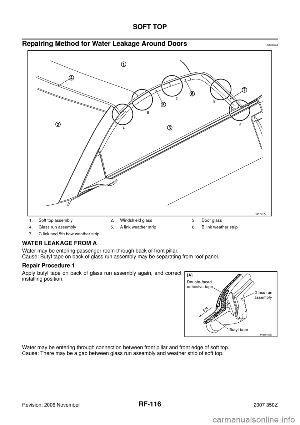 NISSAN 350Z 2007 Z33 Roof Workshop Manual RF-116
SOFT TOP
Revision: 2006 November2007 350Z
Repairing Method for Water Leakage Around DoorsNIS0007X
WATER LEAKAGE FROM A
Water may be entering passenger room through back of front pillar.
Cause: 