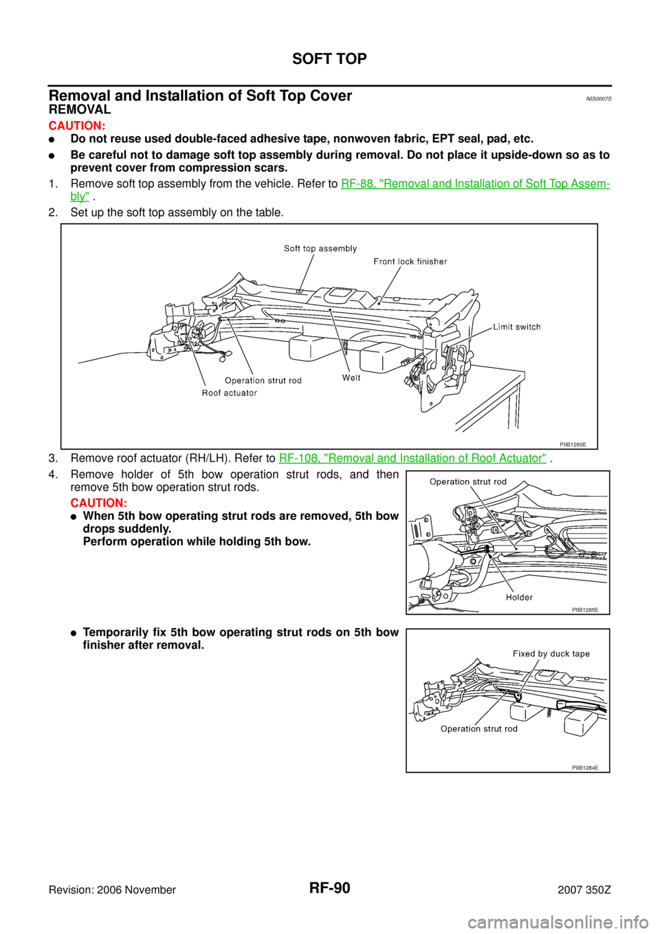 NISSAN 350Z 2007 Z33 Roof Workshop Manual RF-90
SOFT TOP
Revision: 2006 November2007 350Z
Removal and Installation of Soft Top CoverNIS0007S
REMOVAL
CAUTION:
Do not reuse used double-faced adhesive tape, nonwoven fabric, EPT seal, pad, etc.
