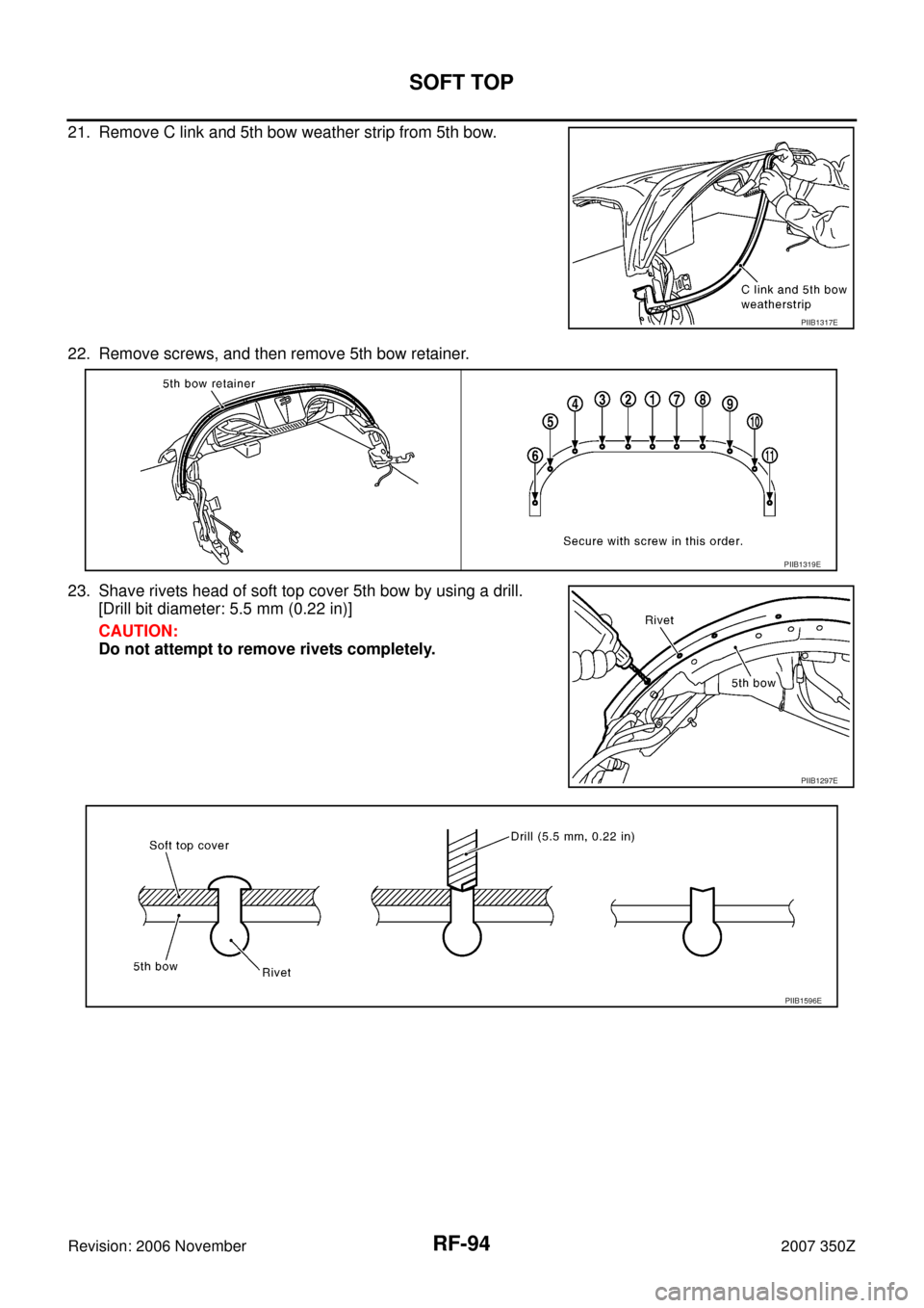 NISSAN 350Z 2007 Z33 Roof Workshop Manual RF-94
SOFT TOP
Revision: 2006 November2007 350Z
21. Remove C link and 5th bow weather strip from 5th bow.
22. Remove screws, and then remove 5th bow retainer.
23. Shave rivets head of soft top cover 5