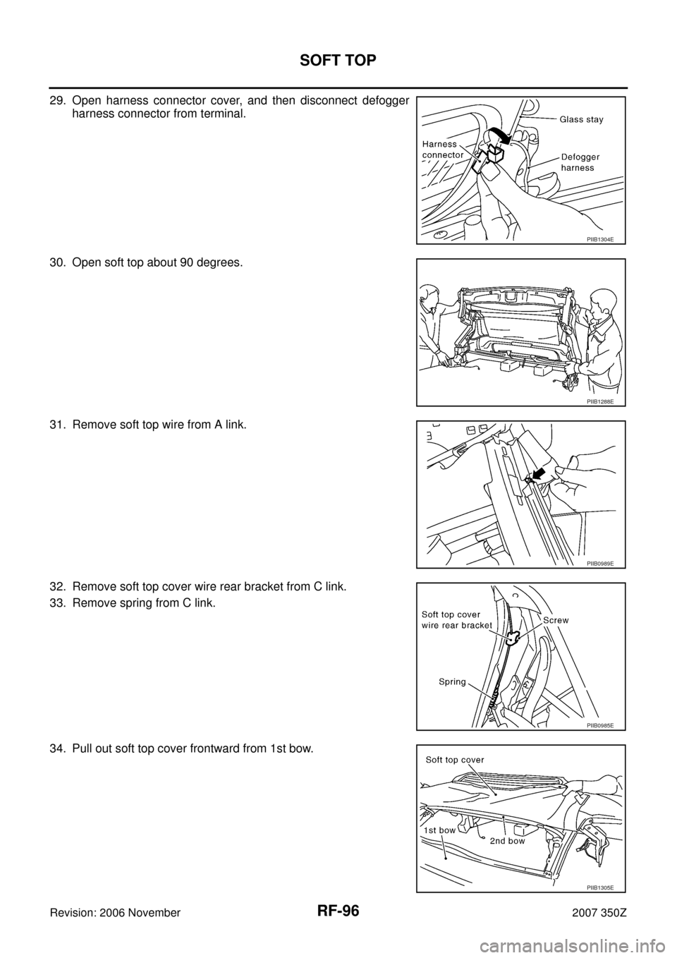 NISSAN 350Z 2007 Z33 Roof Workshop Manual RF-96
SOFT TOP
Revision: 2006 November2007 350Z
29. Open harness connector cover, and then disconnect defogger
harness connector from terminal.
30. Open soft top about 90 degrees.
31. Remove soft top 