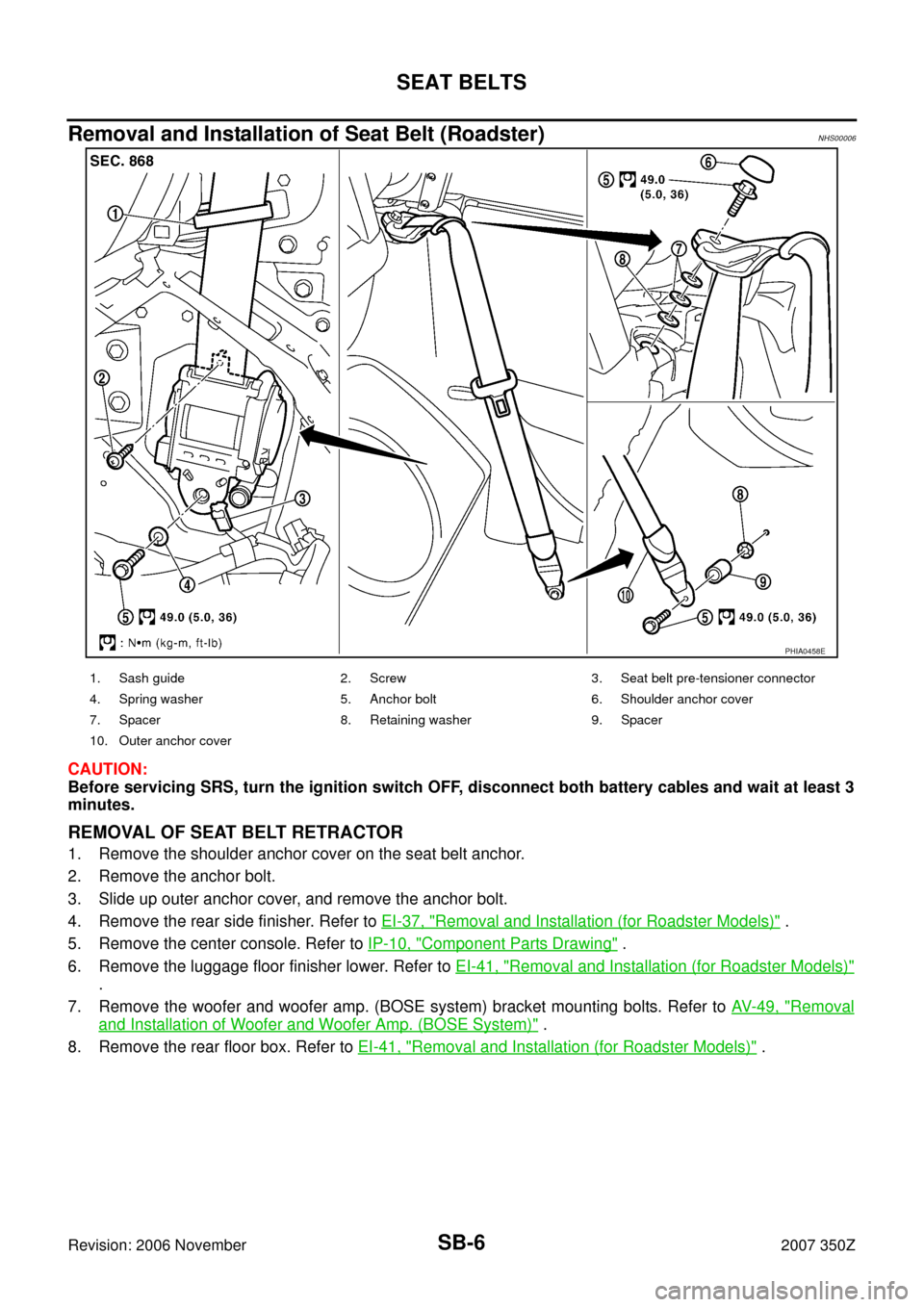 NISSAN 350Z 2007 Z33 Seat Belts Workshop Manual SB-6
SEAT BELTS
Revision: 2006 November2007 350Z
Removal and Installation of Seat Belt (Roadster) NHS00006
CAUTION:
Before servicing SRS, turn the ignition switch OFF, disconnect both battery cables a