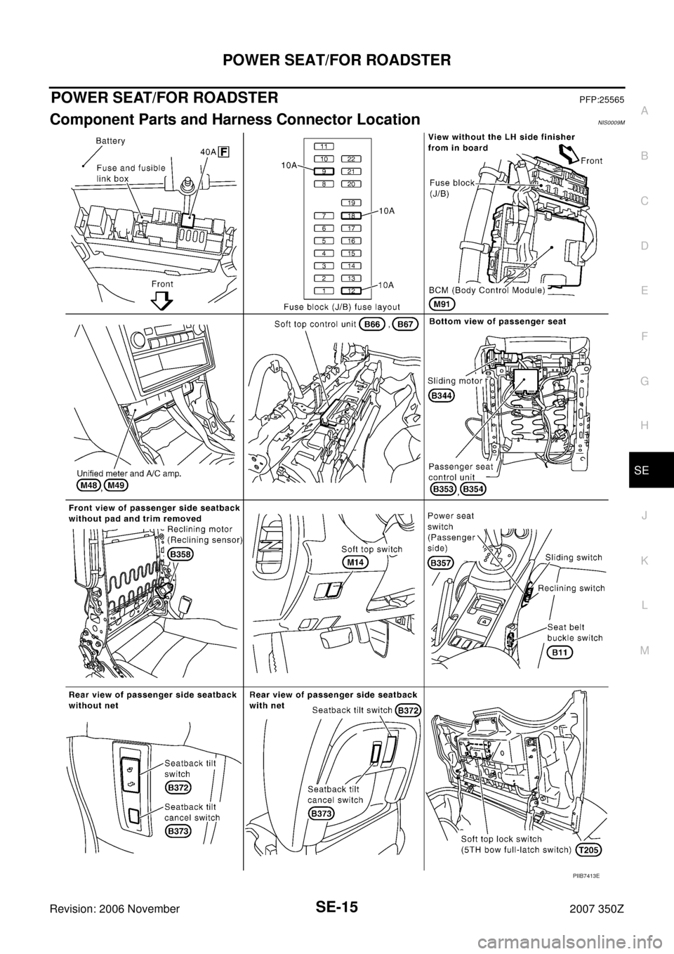NISSAN 350Z 2007 Z33 Seat Workshop Manual POWER SEAT/FOR ROADSTER
SE-15
C
D
E
F
G
H
J
K
L
MA
B
SE
Revision: 2006 November2007 350Z
POWER SEAT/FOR ROADSTERPFP:25565
Component Parts and Harness Connector LocationNIS0009M
PIIB7413E 