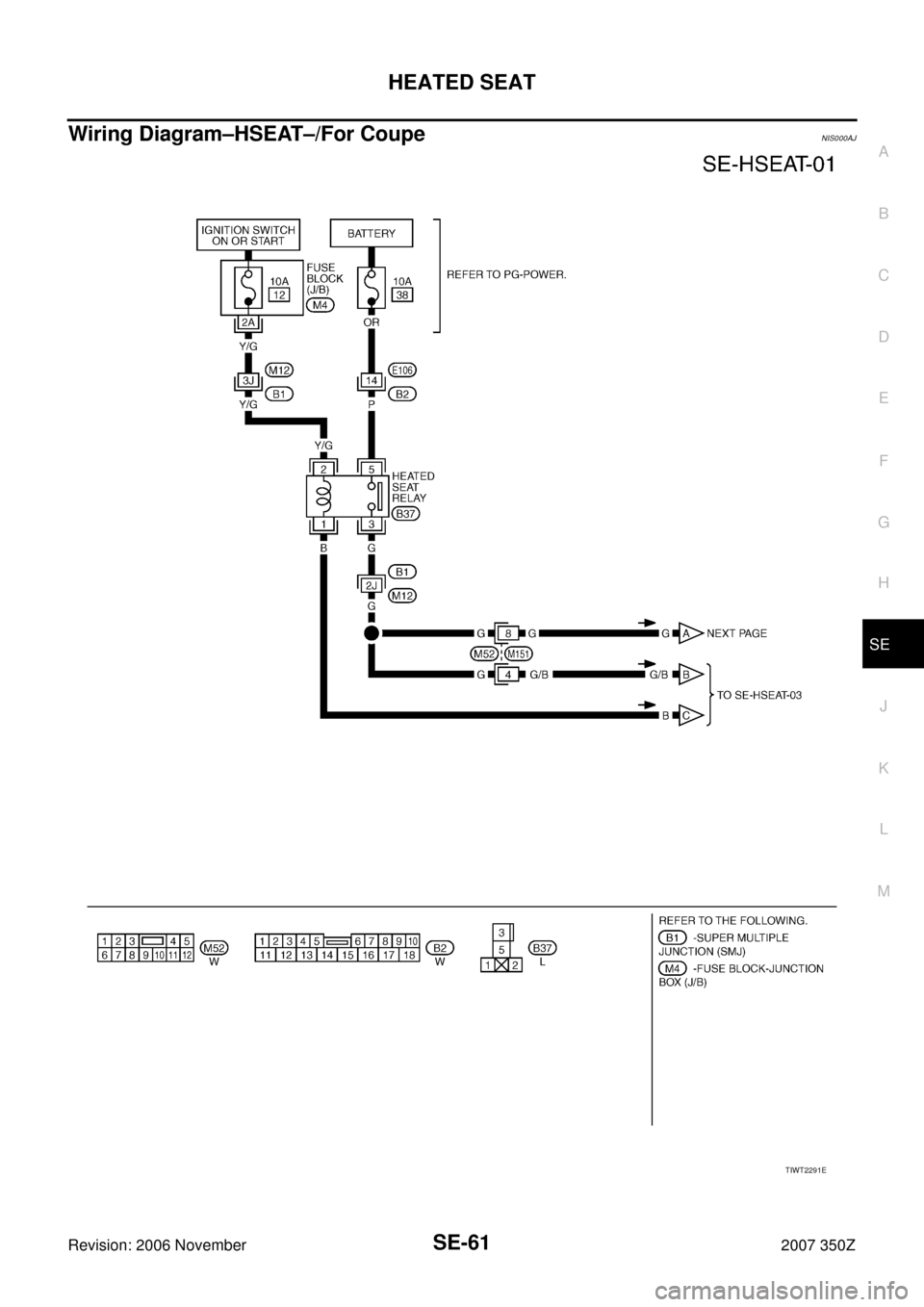 NISSAN 350Z 2007 Z33 Seat Workshop Manual HEATED SEAT
SE-61
C
D
E
F
G
H
J
K
L
MA
B
SE
Revision: 2006 November2007 350Z
Wiring Diagram–HSEAT–/For CoupeNIS000AJ
TIWT2291E 