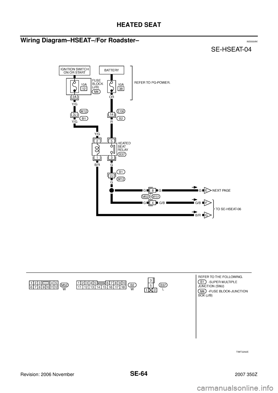 NISSAN 350Z 2007 Z33 Seat Workshop Manual SE-64
HEATED SEAT
Revision: 2006 November2007 350Z
Wiring Diagram–HSEAT–/For Roadster–NIS000AK
TIWT2292E 