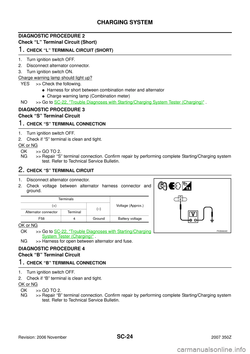 NISSAN 350Z 2007 Z33 Starting And Charging System Workshop Manual SC-24
CHARGING SYSTEM
Revision: 2006 November2007 350Z
DIAGNOSTIC PROCEDURE 2
Check “L” Terminal Circuit (Short)
1. CHECK “L” TERMINAL CIRCUIT (SHORT)
1. Turn ignition switch OFF.
2. Disconnec NISSAN 350Z 2007 Z33 Starting And Charging System Workshop Manual SC-24
CHARGING SYSTEM
Revision: 2006 November2007 350Z
DIAGNOSTIC PROCEDURE 2
Check “L” Terminal Circuit (Short)
1. CHECK “L” TERMINAL CIRCUIT (SHORT)
1. Turn ignition switch OFF.
2. Disconnec
