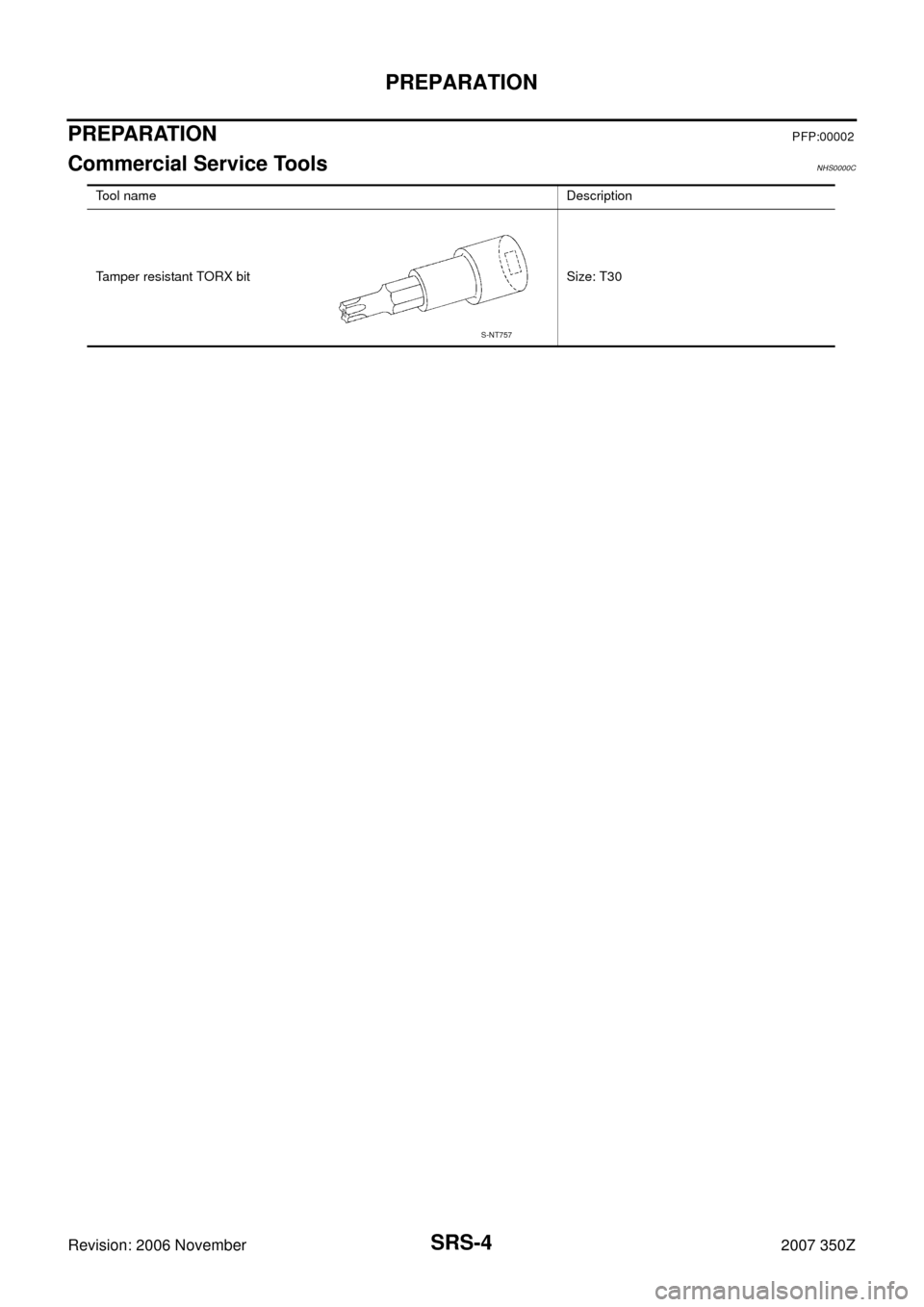 NISSAN 350Z 2007 Z33 Supplemental Restraint System Workshop Manual SRS-4
PREPARATION
Revision: 2006 November2007 350Z
PREPARATIONPFP:00002
Commercial Service ToolsNHS0000C
Tool name Description
Tamper resistant TORX bit Size: T30
S-NT757 