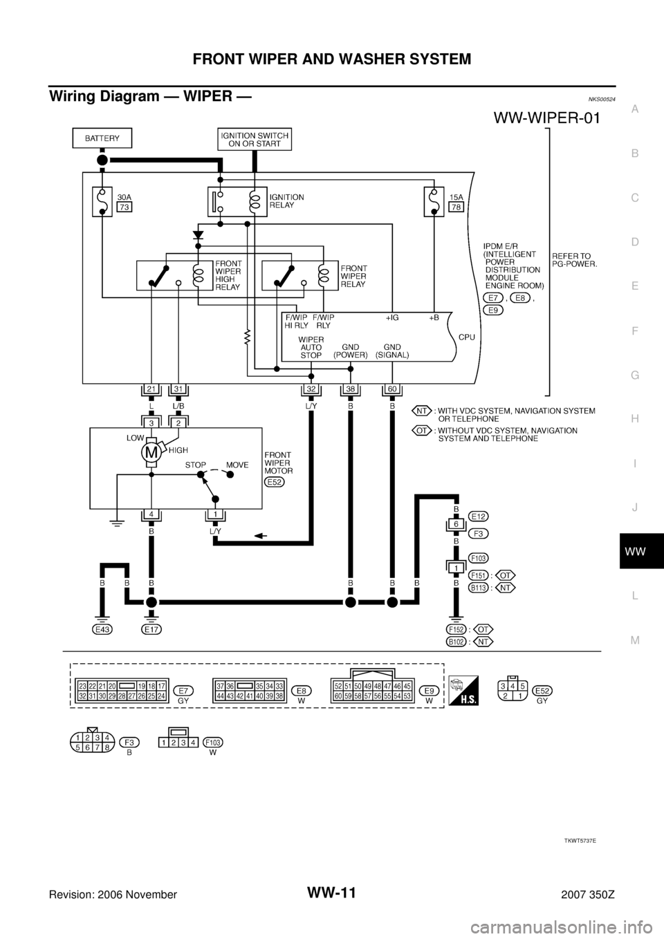 NISSAN 350Z 2007 Z33 Wiper, Washer And Horn Workshop Manual FRONT WIPER AND WASHER SYSTEM
WW-11
C
D
E
F
G
H
I
J
L
MA
B
WW
Revision: 2006 November2007 350Z
Wiring Diagram — WIPER —NKS00524
TKWT5737E 