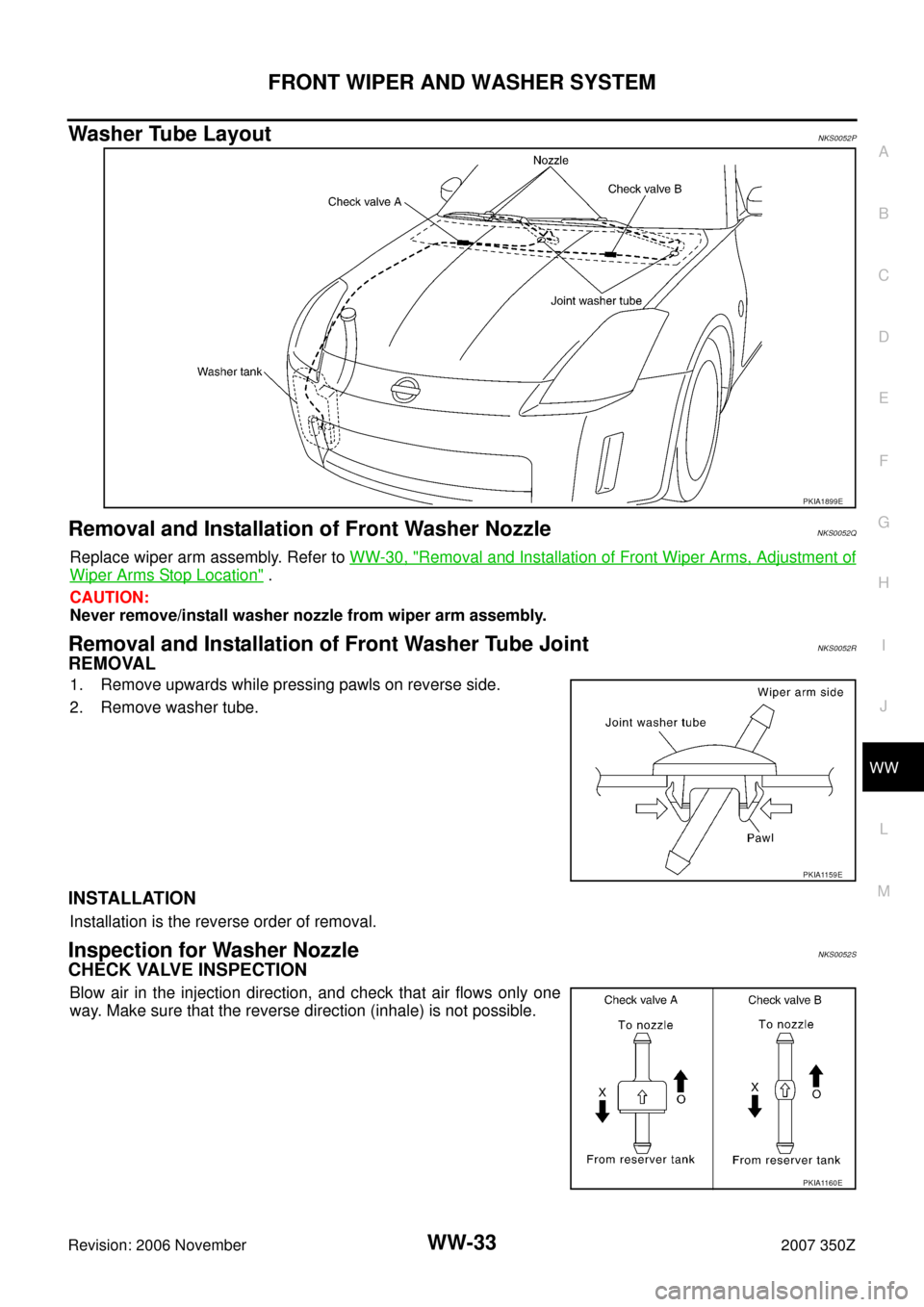 NISSAN 350Z 2007 Z33 Wiper, Washer And Horn Workshop Manual FRONT WIPER AND WASHER SYSTEM
WW-33
C
D
E
F
G
H
I
J
L
MA
B
WW
Revision: 2006 November2007 350Z
Washer Tube LayoutNKS0052P
Removal and Installation of Front Washer NozzleNKS0052Q
Replace wiper arm asse