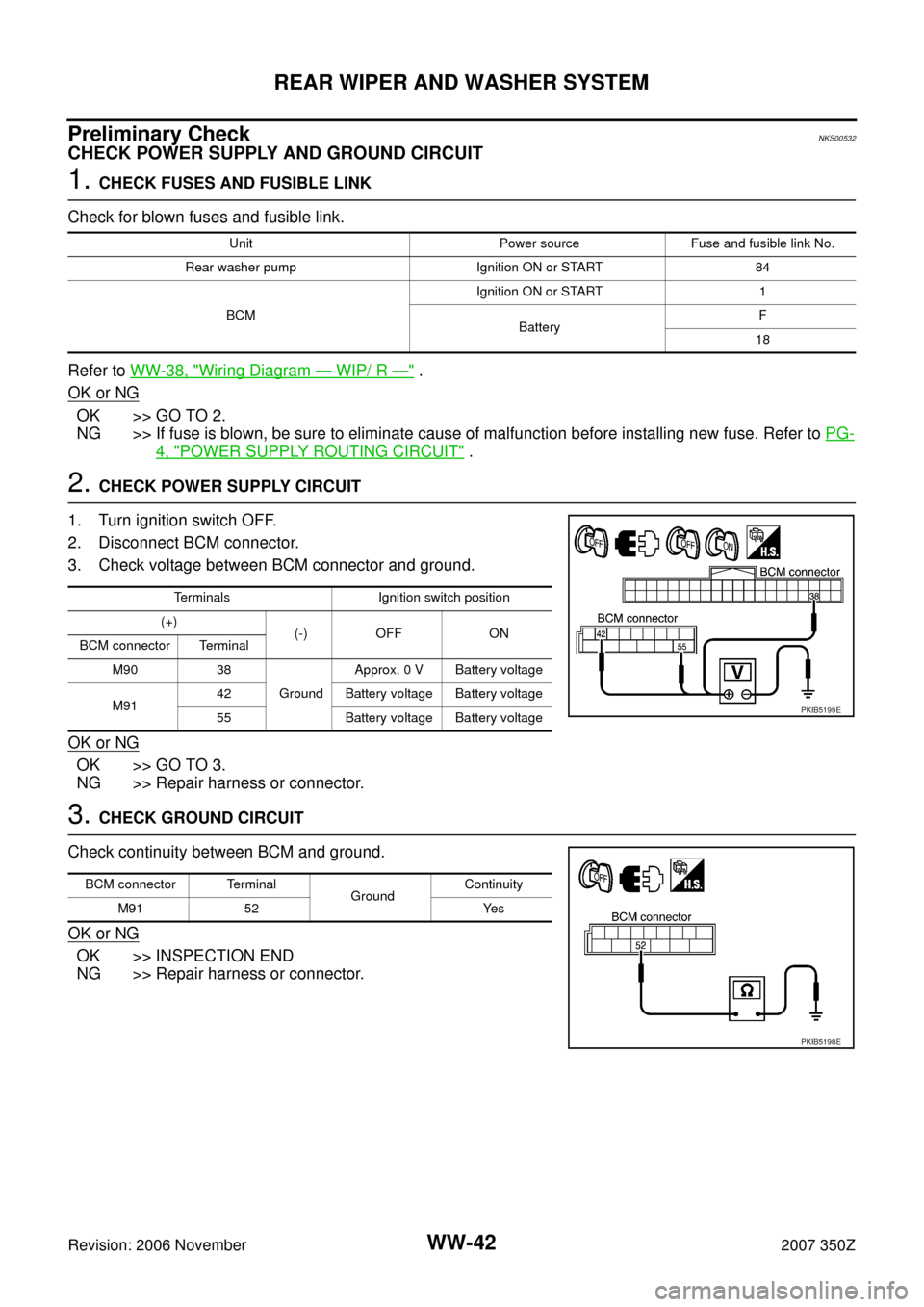 NISSAN 350Z 2007 Z33 Wiper, Washer And Horn Workshop Manual WW-42
REAR WIPER AND WASHER SYSTEM
Revision: 2006 November2007 350Z
Preliminary CheckNKS00532
CHECK POWER SUPPLY AND GROUND CIRCUIT
1. CHECK FUSES AND FUSIBLE LINK
Check for blown fuses and fusible li NISSAN 350Z 2007 Z33 Wiper, Washer And Horn Workshop Manual WW-42
REAR WIPER AND WASHER SYSTEM
Revision: 2006 November2007 350Z
Preliminary CheckNKS00532
CHECK POWER SUPPLY AND GROUND CIRCUIT
1. CHECK FUSES AND FUSIBLE LINK
Check for blown fuses and fusible li