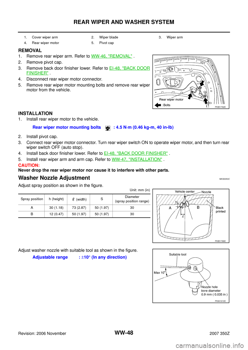 NISSAN 350Z 2007 Z33 Wiper, Washer And Horn Workshop Manual WW-48
REAR WIPER AND WASHER SYSTEM
Revision: 2006 November2007 350Z
REMOVAL
1. Remove rear wiper arm. Refer to WW-46, "REMOVAL" .
2. Remove pivot cap.
3. Remove back door finisher lower. Refer to EI-4