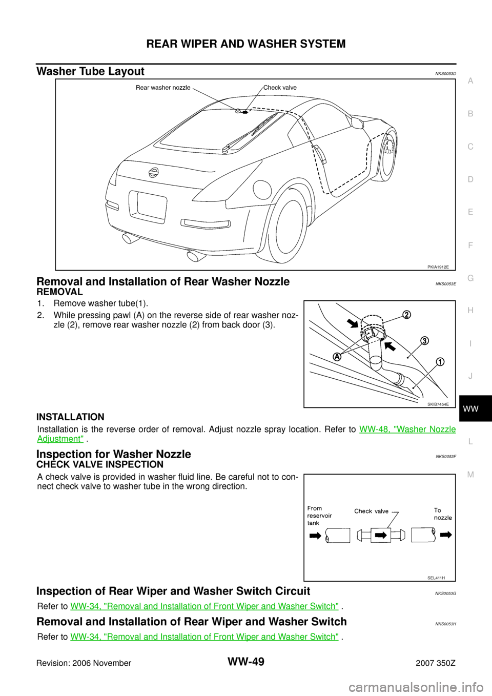 NISSAN 350Z 2007 Z33 Wiper, Washer And Horn Workshop Manual REAR WIPER AND WASHER SYSTEM
WW-49
C
D
E
F
G
H
I
J
L
MA
B
WW
Revision: 2006 November2007 350Z
Washer Tube LayoutNKS0053D
Removal and Installation of Rear Washer NozzleNKS0053E
REMOVAL
1. Remove washer