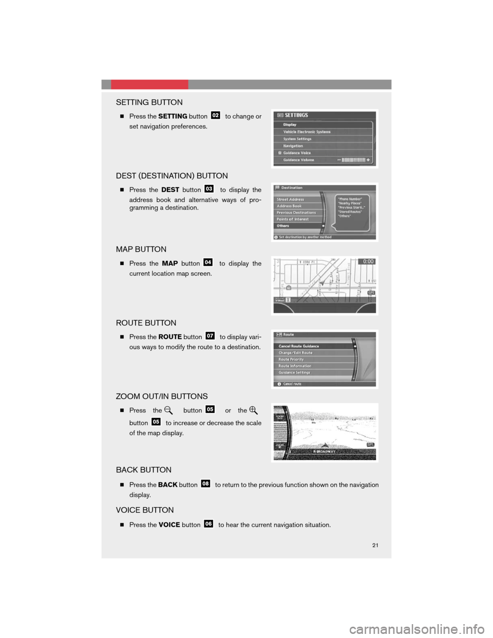 NISSAN 350Z 2008 Z33 Quick Reference Guide 
SETTING BUTTON
Press the SETTING buttonto change or
set navigation preferences.
DEST (DESTINATION) BUTTON
 Press the DESTbuttonto display the
address book and alternative ways of pro-
gramming a de