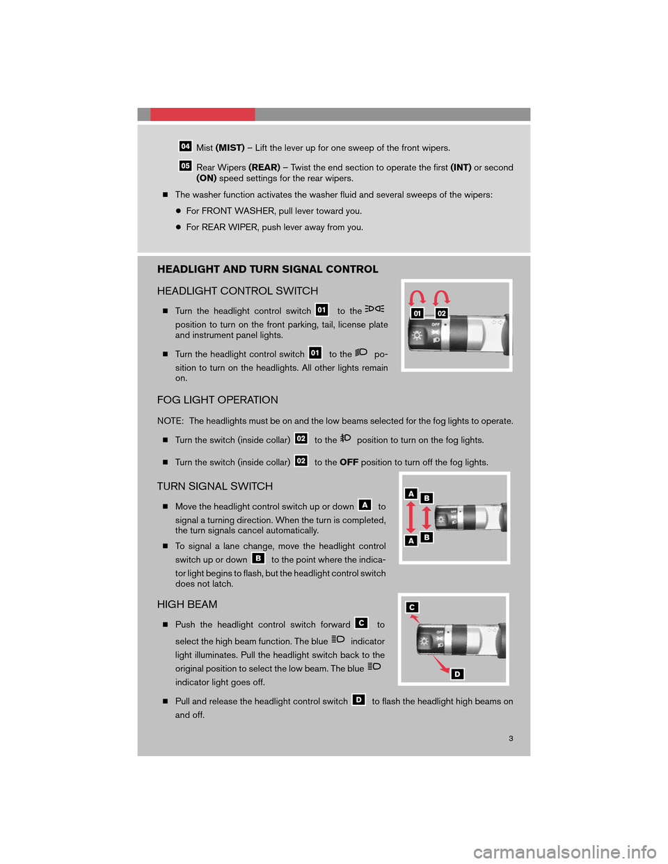 NISSAN 350Z 2008 Z33 Quick Reference Guide Mist(MIST)– Lift the lever up for one sweep of the front wipers.
Rear Wipers(REAR)– Twist the end section to operate the first(INT)or second
(ON)speed settings for the rear wipers.
The washer fun NISSAN 350Z 2008 Z33 Quick Reference Guide Mist(MIST)– Lift the lever up for one sweep of the front wipers.
Rear Wipers(REAR)– Twist the end section to operate the first(INT)or second
(ON)speed settings for the rear wipers.
The washer fun