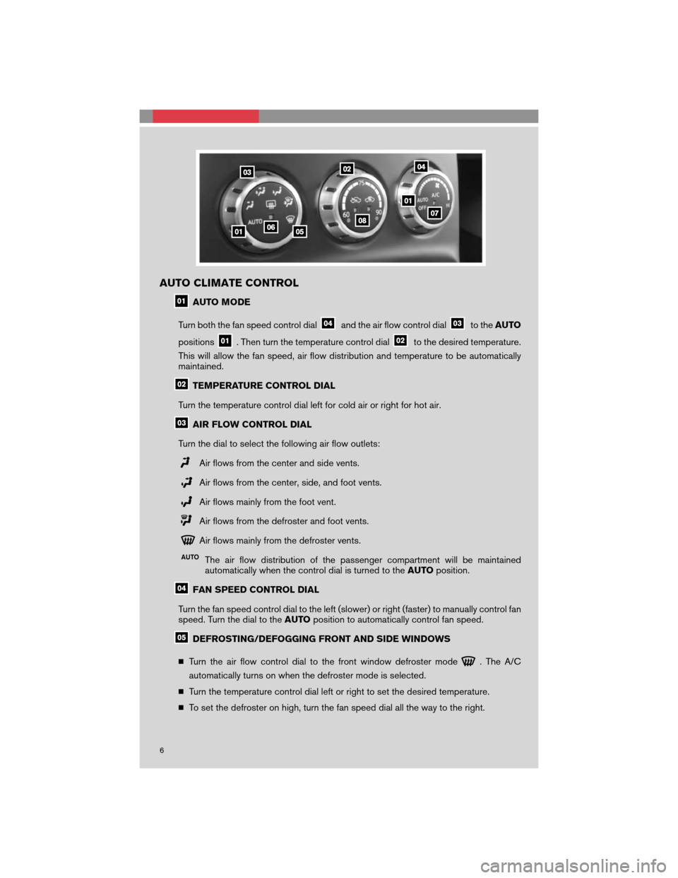 NISSAN 350Z 2008 Z33 Quick Reference Guide AUTO CLIMATE CONTROL
AUTO MODE
Turn both the fan speed control dial
and the air flow control dialto theAUTO
positions
. Then turn the temperature control dialto the desired temperature.
This will allo NISSAN 350Z 2008 Z33 Quick Reference Guide AUTO CLIMATE CONTROL
AUTO MODE
Turn both the fan speed control dial
and the air flow control dialto theAUTO
positions
. Then turn the temperature control dialto the desired temperature.
This will allo