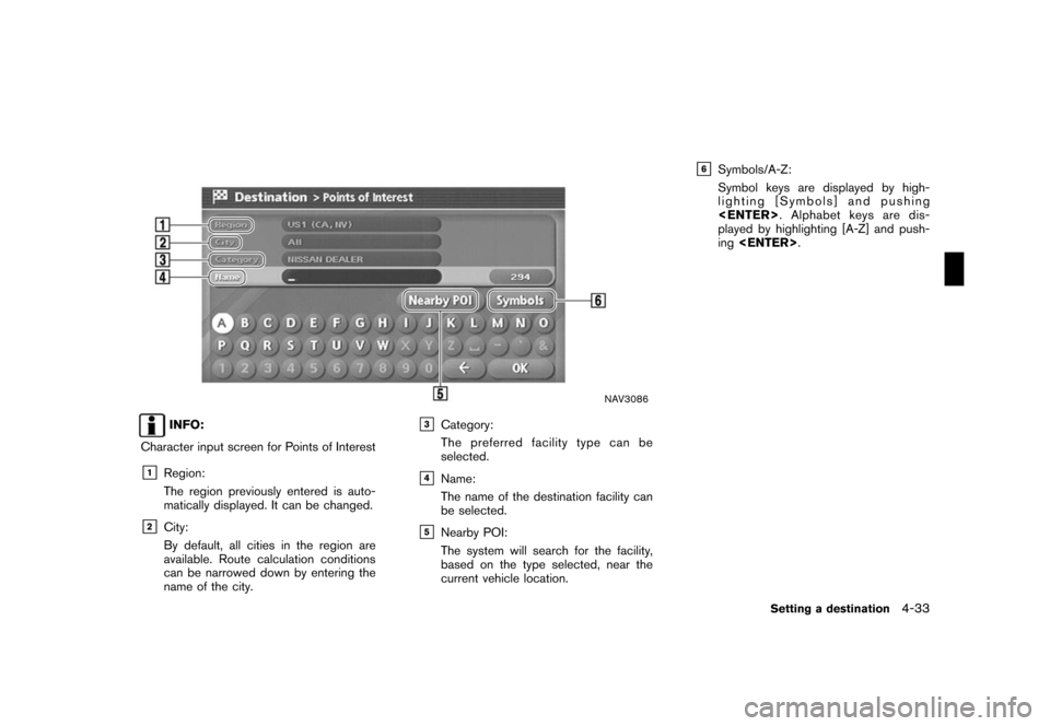 NISSAN ROGUE 2008 1.G 04IT Navigation Manual Black plate (105,1)
Model "NISSAN_NAVI" EDITED: 2007/ 2/ 26
NAV3086
INFO:
Character input screen for Points of Interest
&1Region:
The region previously entered is auto-
matically displayed. It can be 