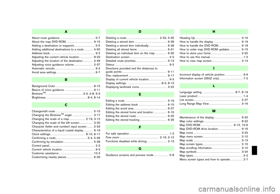 NISSAN ROGUE 2008 1.G 04IT Navigation Manual Black plate (1,1)
A
About route guidance............................... 5-7
About the map DVD-ROM........................ 9-15
Adding a destination or waypoint................... 5-5
Adding additional