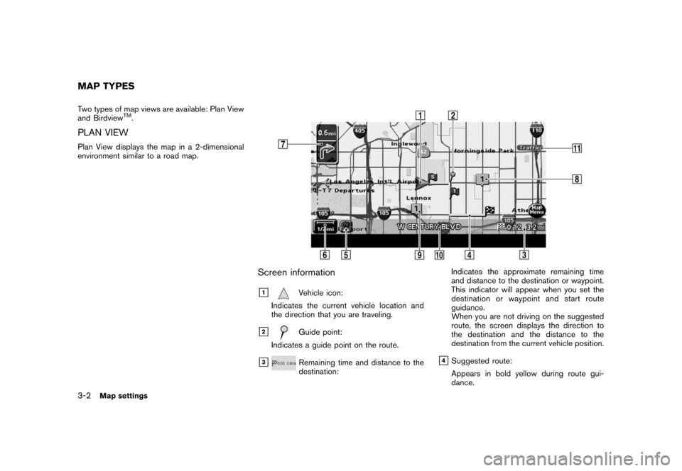 NISSAN ROGUE 2008 1.G 06IT Navigation Manual Black plate (38,1)
Model "NAV2-N" EDITED: 2007/ 3/ 9
Two types of map views are available: Plan View
and BirdviewTM.
PLAN VIEW
Plan View displays the map in a 2-dimensional
environment similar to a ro