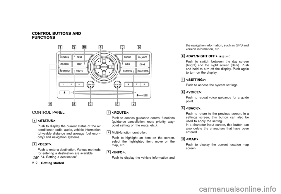 NISSAN ROGUE 2008 1.G 06IT Navigation Manual Black plate (10,1)
Model "NAV2-N" EDITED: 2007/ 3/ 9
CONTROL PANEL
&1<STATUS>:
Push to display the current status of the air
conditioner, radio, audio, vehicle information
(driveable distance and aver NISSAN ROGUE 2008 1.G 06IT Navigation Manual Black plate (10,1)
Model "NAV2-N" EDITED: 2007/ 3/ 9
CONTROL PANEL
&1<STATUS>:
Push to display the current status of the air
conditioner, radio, audio, vehicle information
(driveable distance and aver