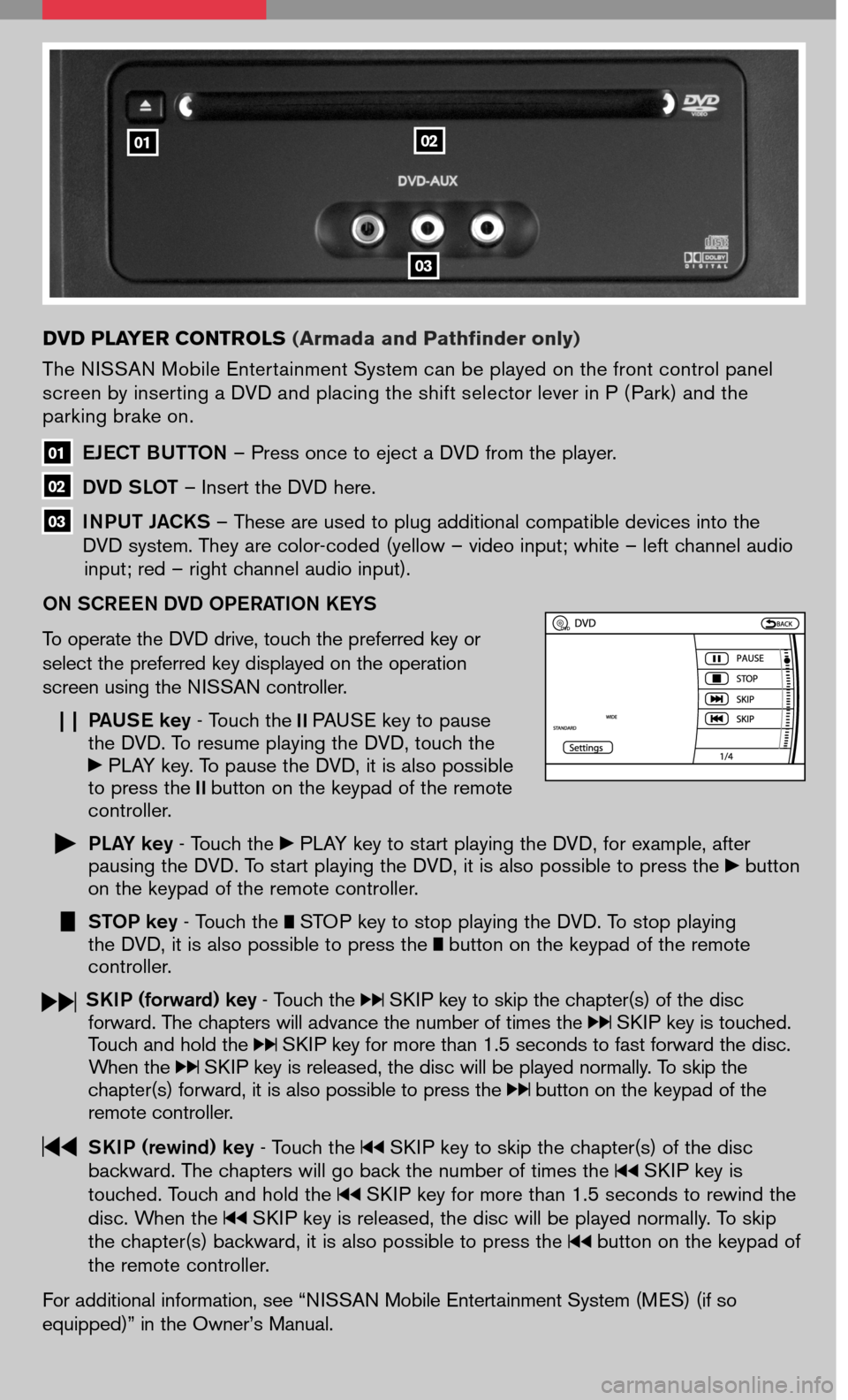 NISSAN TITAN 2008 1.G Entertainment Syst 
DVD PLAYER CONTROLS (Armada and Pathfinder only)
The NISSAN Mobile Entertainment System can be played on the front control panel screen by inserting a DVD and placing the shift selector lever in P ( 