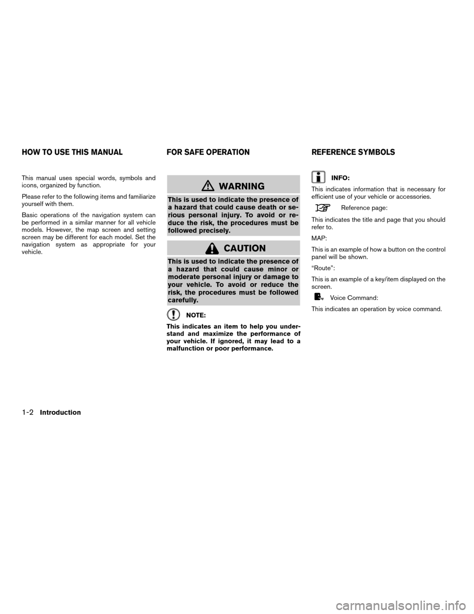 NISSAN ALTIMA 2008 L32A / 4.G Navigation Manual This manual uses special words, symbols and
icons, organized by function.
Please refer to the following items and familiarize
yourself with them.
Basic operations of the navigation system can
be perfo NISSAN ALTIMA 2008 L32A / 4.G Navigation Manual This manual uses special words, symbols and
icons, organized by function.
Please refer to the following items and familiarize
yourself with them.
Basic operations of the navigation system can
be perfo