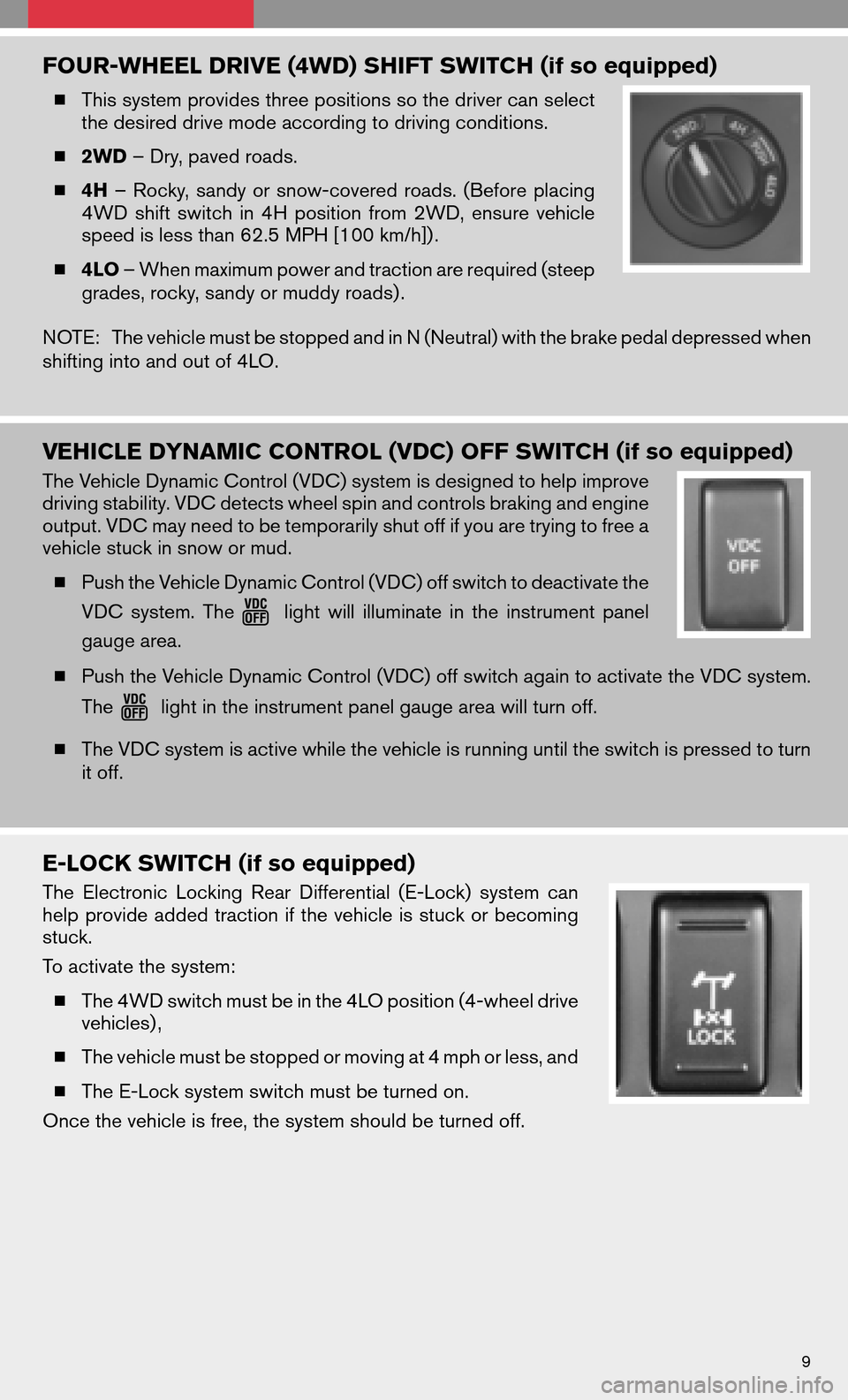 NISSAN FRONTIER 2008 D22 / 1.G Quick Reference Guide FOUR-WHEEL DRIVE (4WD) SHIFT SWITCH (if so equipped)
This system provides three positions so the driver can select 
the desired drive mode according to driving conditions. 
  2WD – Dry, paved road