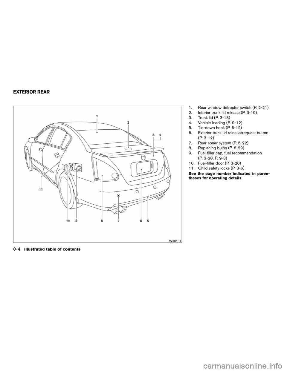 NISSAN MAXIMA 2008 A34 / 6.G Owners Manual 1. Rear window defroster switch (P. 2-21)
2. Interior trunk lid release (P. 3-19)
3. Trunk lid (P. 3-18)
4. Vehicle loading (P. 9-12)
5. Tie-down hook (P. 6-12)
6. Exterior trunk lid release/request b