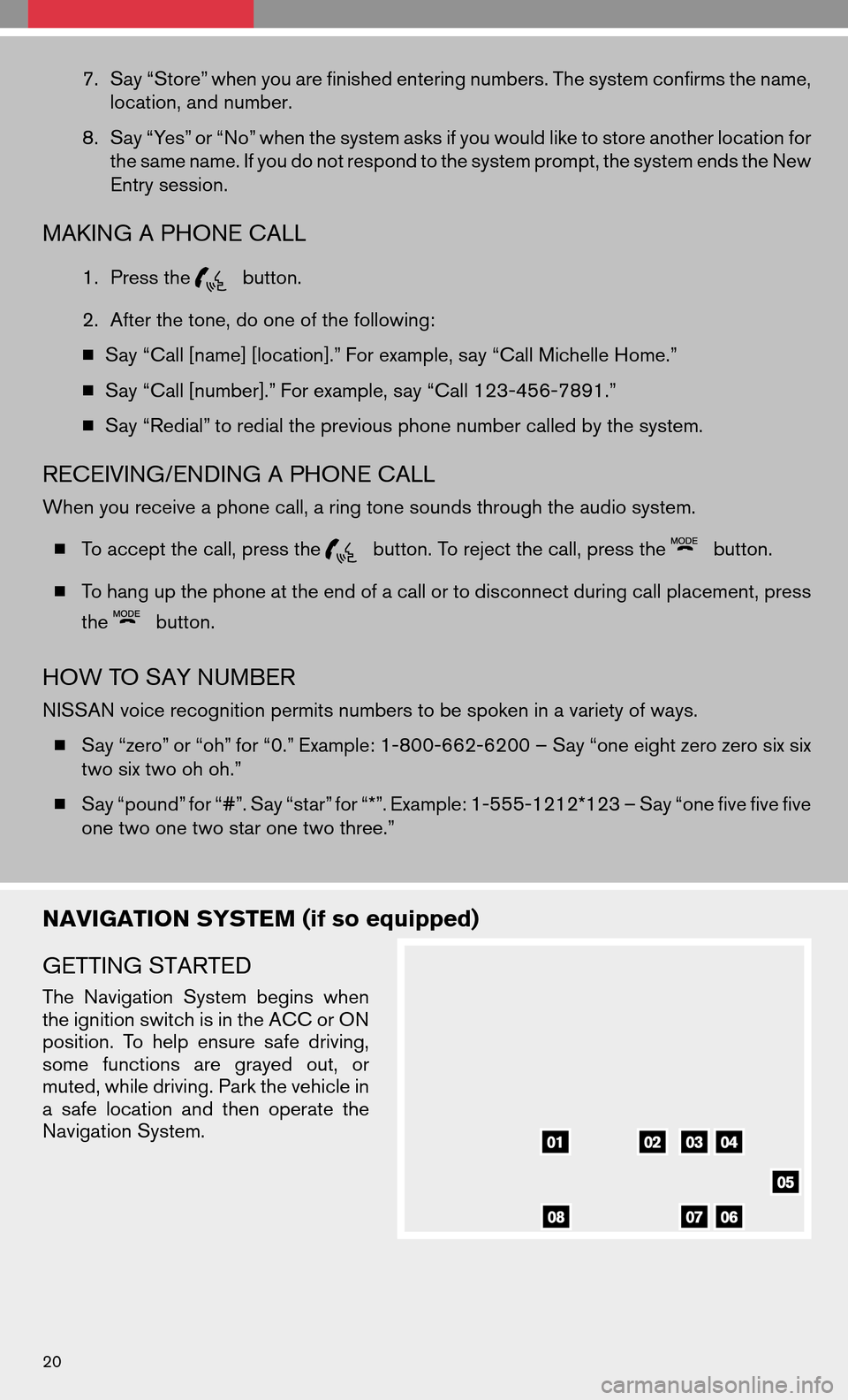 NISSAN MAXIMA 2008 A34 / 6.G Quick Reference Guide 7.Say “Store” when you are finished entering numbers. The system confirms the name,
location, and number.
8. Say “Yes” or “No” when the system asks if you would like to store another loc NISSAN MAXIMA 2008 A34 / 6.G Quick Reference Guide 7.Say “Store” when you are finished entering numbers. The system confirms the name,
location, and number.
8. Say “Yes” or “No” when the system asks if you would like to store another loc