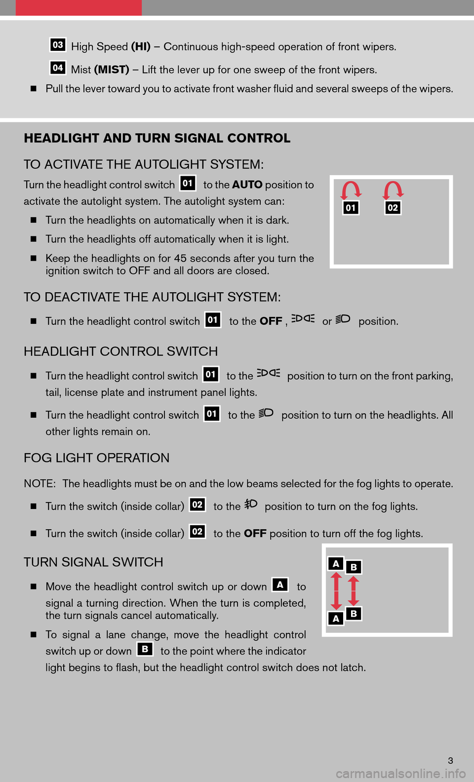 NISSAN MAXIMA 2008 A34 / 6.G Quick Reference Guide High Speed(HI)– Continuous high-speed operation of front wipers.
Mist (MIST) – Lift the lever up for one sweep of the front wipers.
Pull the lever toward you to activate front washer fluid and NISSAN MAXIMA 2008 A34 / 6.G Quick Reference Guide High Speed(HI)– Continuous high-speed operation of front wipers.
Mist (MIST) – Lift the lever up for one sweep of the front wipers.
Pull the lever toward you to activate front washer fluid and