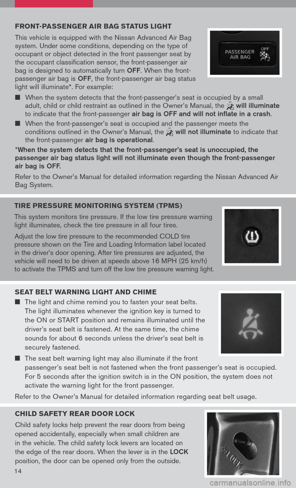 NISSAN PATHFINDER 2008 R51 / 3.G Quick Reference Guide 
Front -passenger  air bag  status  light 
This vehicle is equipped with the Nissan Advanced Air Bag system. Under some conditions, depending on the type of occupant or object detected in the front pa