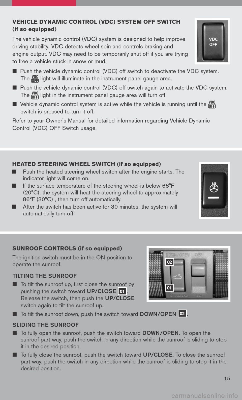 NISSAN PATHFINDER 2008 R51 / 3.G Quick Reference Guide
vehicle dyna Mic control ( vdc) s yste M oFF sWitch
(if so equipped)
The vehicle dynamic control (VDC) system is designed to help improve
driving stability. VDC detects wheel spin and controls NISSAN PATHFINDER 2008 R51 / 3.G Quick Reference Guide
vehicle dyna Mic control ( vdc) s yste M oFF sWitch
(if so equipped)
The vehicle dynamic control (VDC) system is designed to help improve
driving stability. VDC detects wheel spin and controls