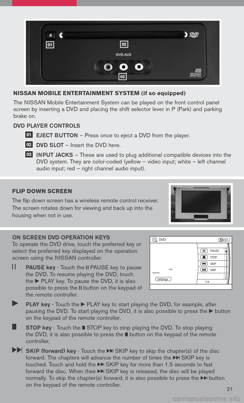 NISSAN PATHFINDER 2008 R51 / 3.G Quick Reference Guide
nissan Mobile entertain Ment syste M (if so equipped)
The NISSAN Mobile Entertainment System can be played on the front control panel screen by inserting a DVD and placing the shift selector lever i NISSAN PATHFINDER 2008 R51 / 3.G Quick Reference Guide
nissan Mobile entertain Ment syste M (if so equipped)
The NISSAN Mobile Entertainment System can be played on the front control panel screen by inserting a DVD and placing the shift selector lever i