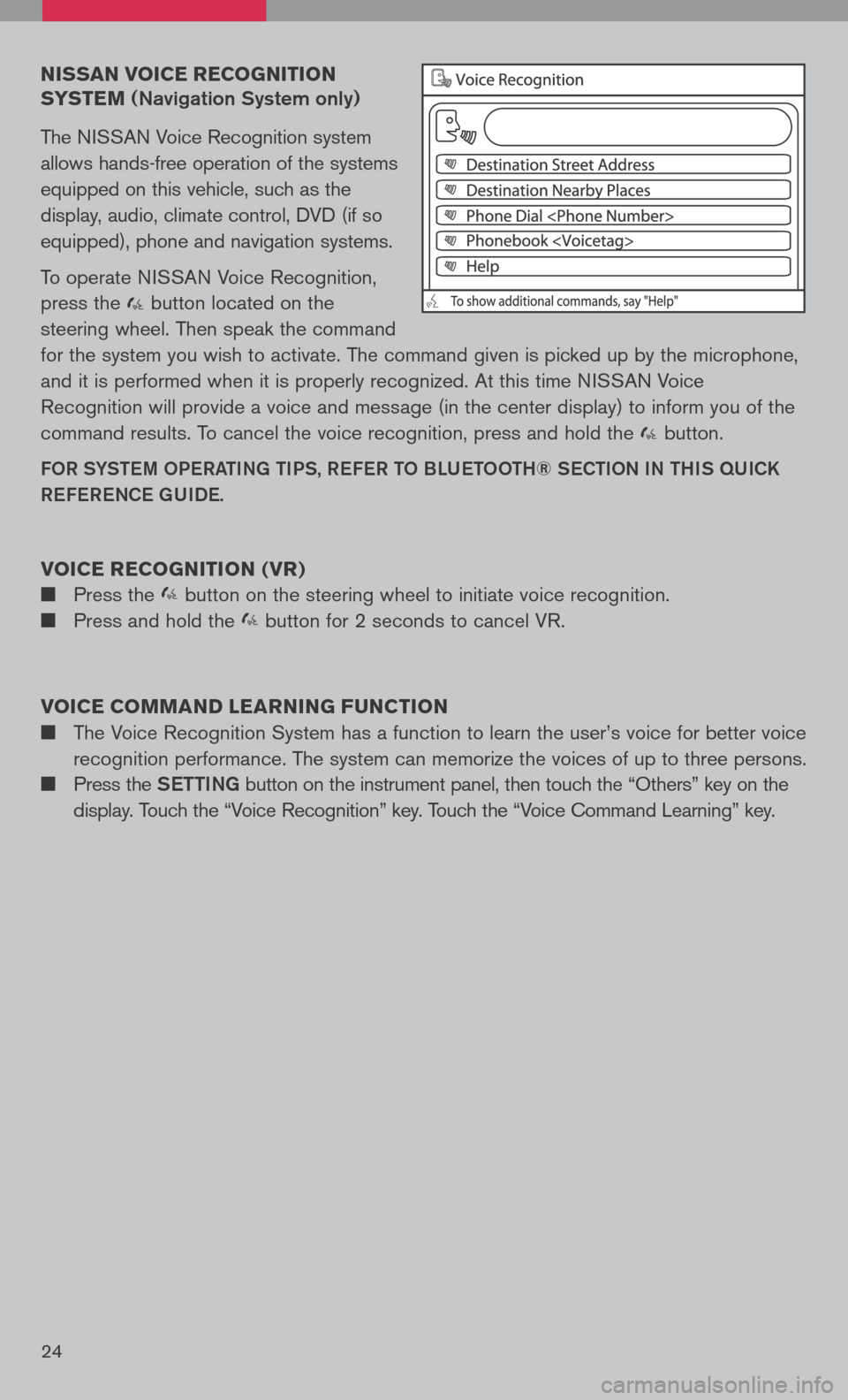 NISSAN PATHFINDER 2008 R51 / 3.G Quick Reference Guide 
nissan voice  recognition 
syste M 
(Navigation System only)
The NISSAN Voice Recognition system 
allows hands-free operation of the systems 
equipped on this vehicle, such as the 
display, audio, cl