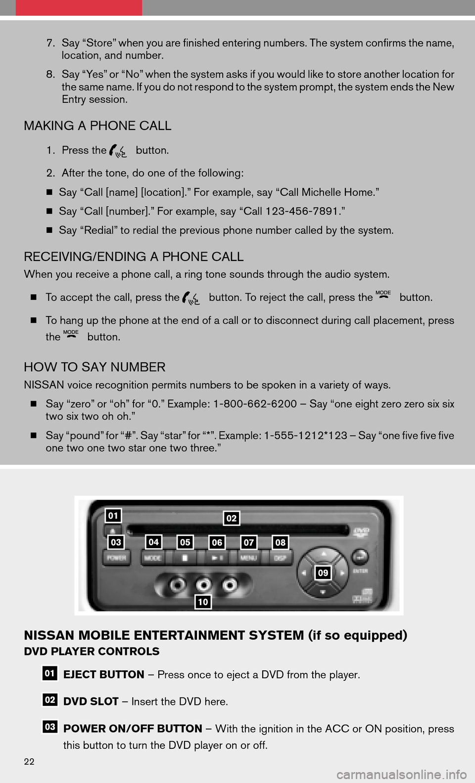 NISSAN QUEST 2008 V42 / 3.G Quick Reference Guide 7.Say “Store” when you are finished entering numbers. The system confirms the name, 
location, and number. 
8. Say “Yes” or “No” when the system asks if you would like to store another loc