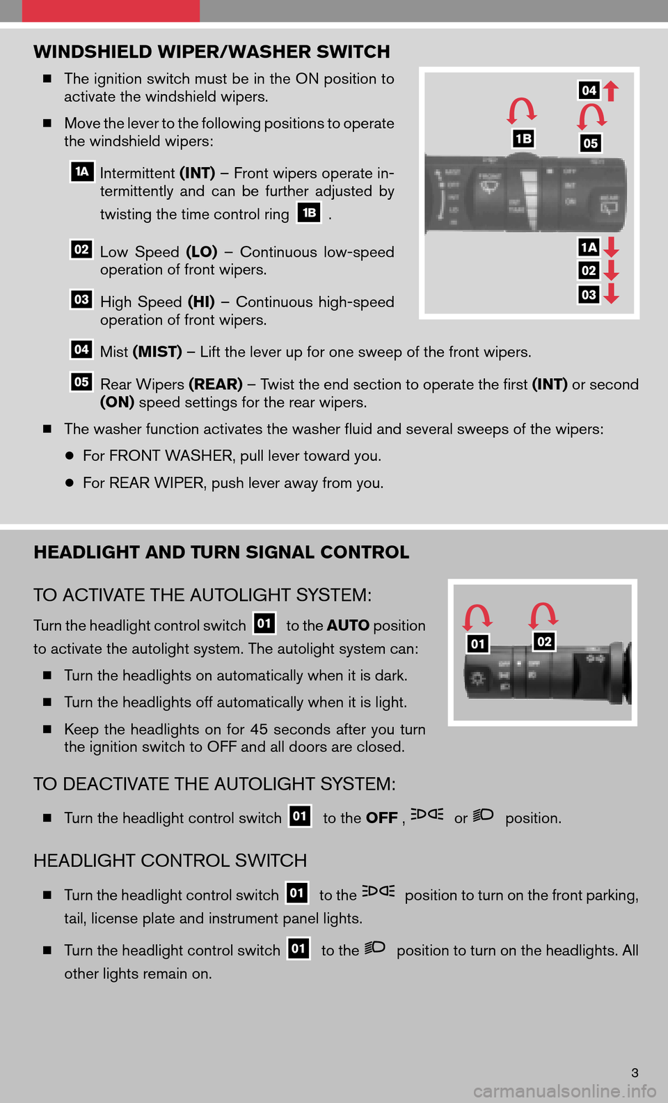 NISSAN QUEST 2008 V42 / 3.G Quick Reference Guide WINDSHIELD WIPER/WASHER SWITCH
The ignition switch must be in the ON position to
activate the windshield wipers.
Move the lever to the following positions to operate
the windshield wipers:
Inte NISSAN QUEST 2008 V42 / 3.G Quick Reference Guide WINDSHIELD WIPER/WASHER SWITCH
The ignition switch must be in the ON position to
activate the windshield wipers.
Move the lever to the following positions to operate
the windshield wipers:
Inte